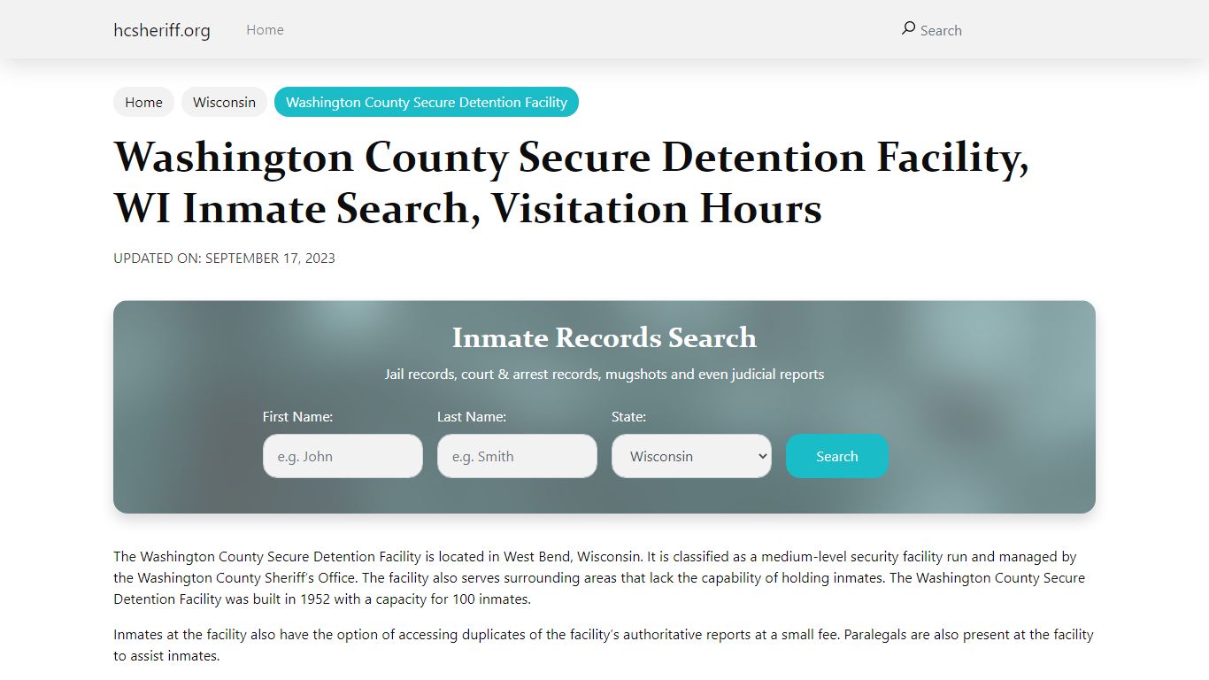 Washington County Secure Detention Facility, WI Inmate Search ...